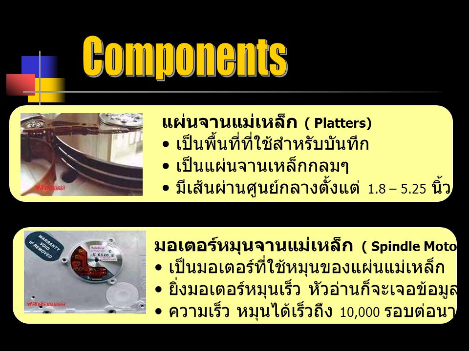 Components แผ่นจานแม่เหล็ก ( Platters) เป็นพื้นที่ที่ใช้สำหรับบันทึก