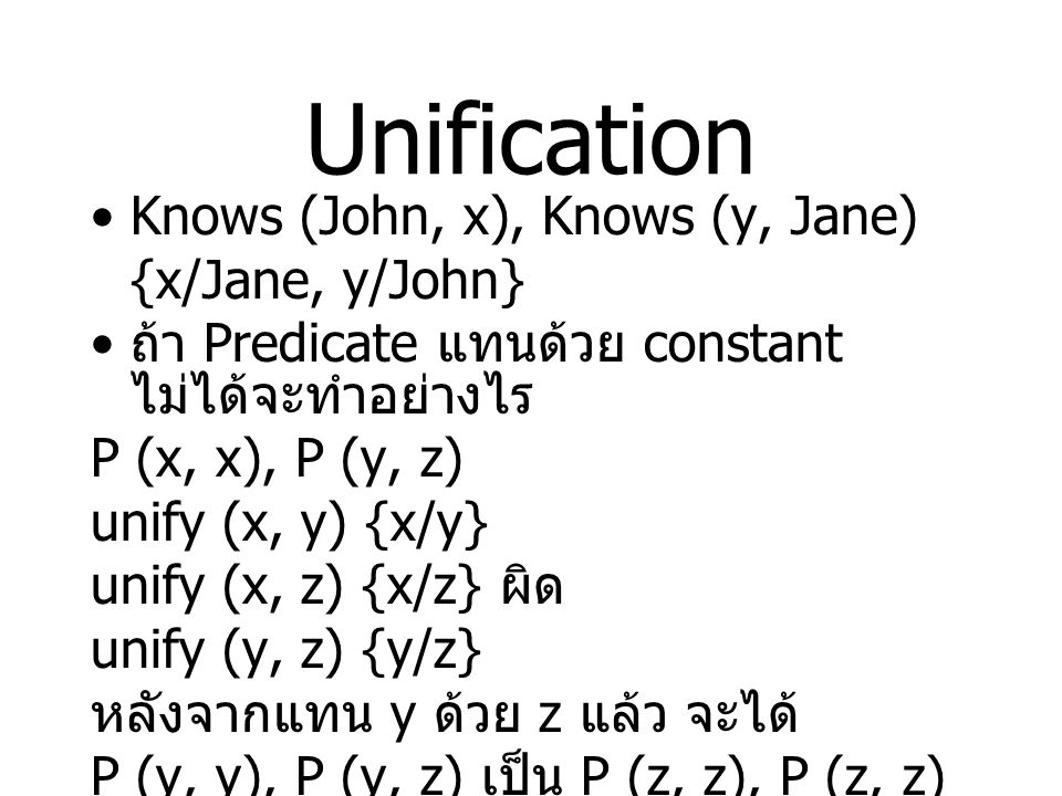 Unification Knows (John, x), Knows (y, Jane) {x/Jane, y/John}