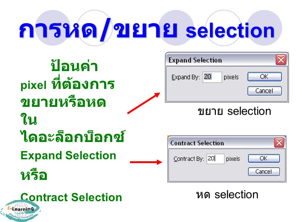 การหด/ขยาย selection ป้อนค่า pixel ที่ต้องการขยายหรือหด ในไดอะล็อกบ็อกซ์ Expand Selection. หรือ. Contract Selection.