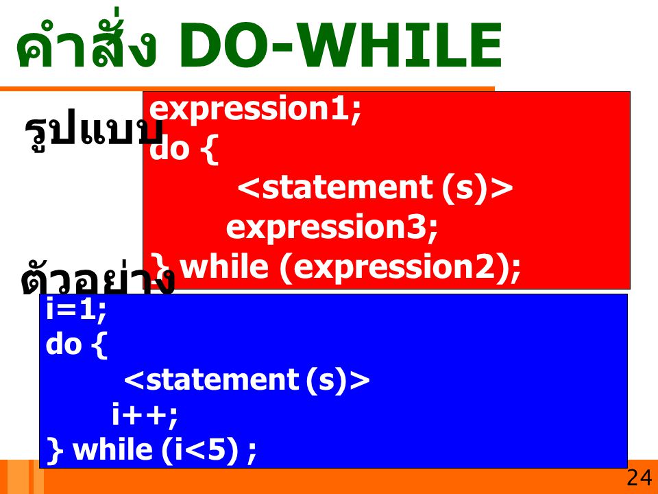 คำสั่ง DO-WHILE รูปแบบ ตัวอย่าง expression1; do {