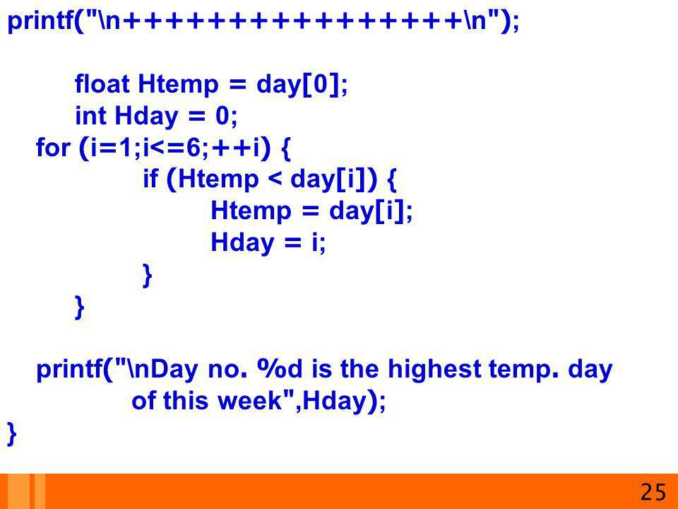 printf( \n \n ); float Htemp = day[0]; int Hday = 0;