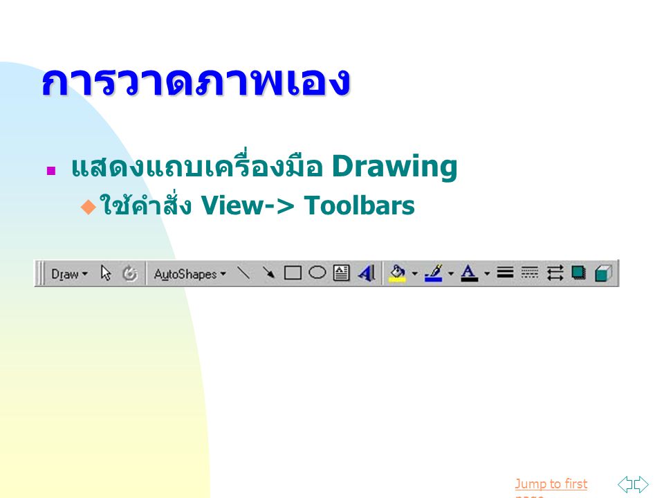 การวาดภาพเอง แสดงแถบเครื่องมือ Drawing ใช้คำสั่ง View-> Toolbars