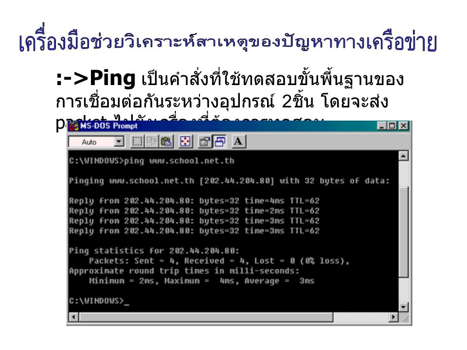 :->Ping เป็นคำสั่งที่ใช้ทดสอบขั้นพี้นฐานของการเชื่อมต่อกันระหว่างอุปกรณ์ 2ชิ้น โดยจะส่ง packet ไปยังเครื่องที่ต้องการทดสอบ