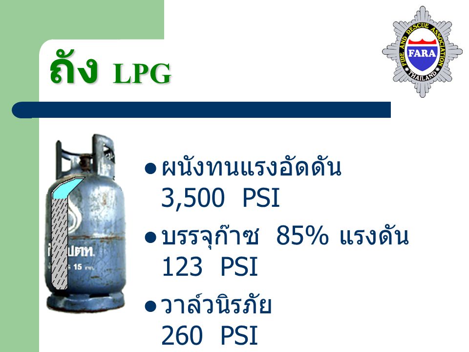 ถัง LPG ผนังทนแรงอัดดัน 3,500 PSI บรรจุก๊าซ 85% แรงดัน 123 PSI