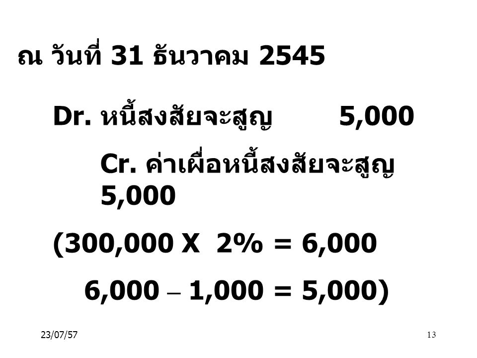 Cr. ค่าเผื่อหนี้สงสัยจะสูญ 5,000 (300,000 X 2% = 6,000