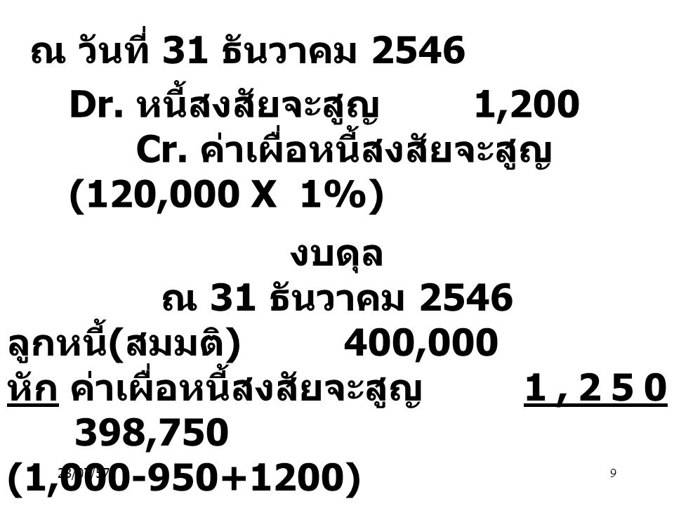 Cr. ค่าเผื่อหนี้สงสัยจะสูญ 1,200 (120,000 X 1%)