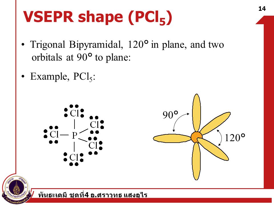 VSEPR shape (PCl5) • Trigonal Bipyramidal, 120° in plane, and two orbitals at 90° to plane: • Example, PCl5: