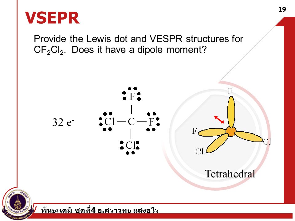 VSEPR Provide the Lewis dot and VESPR structures for CF2Cl2. Does it have a dipole moment 32 e- Tetrahedral.