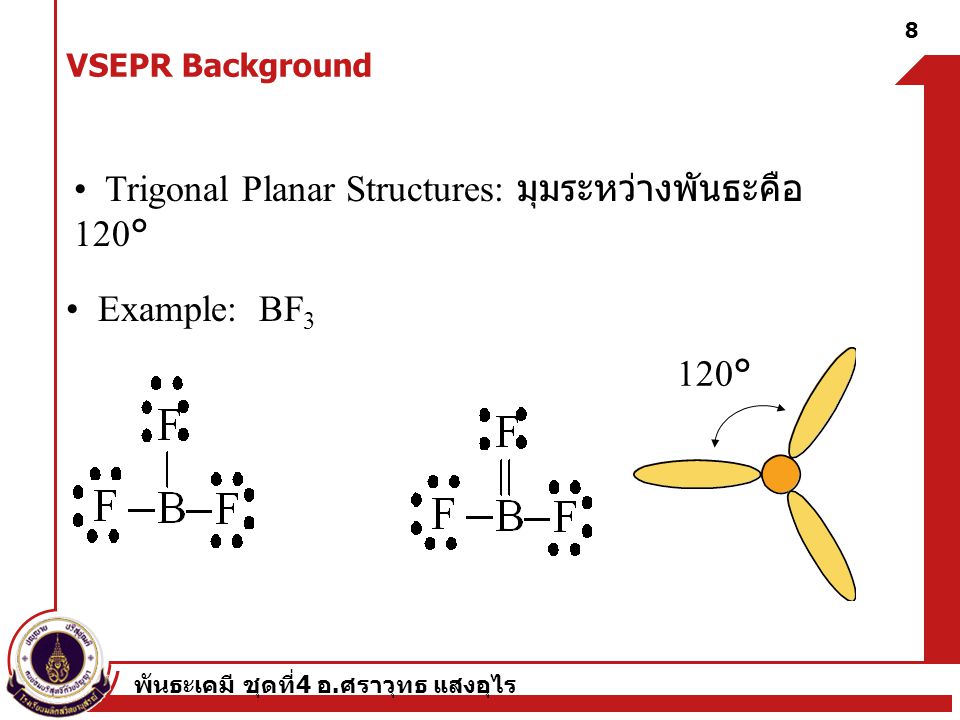 • Trigonal Planar Structures: มุมระหว่างพันธะคือ 120°