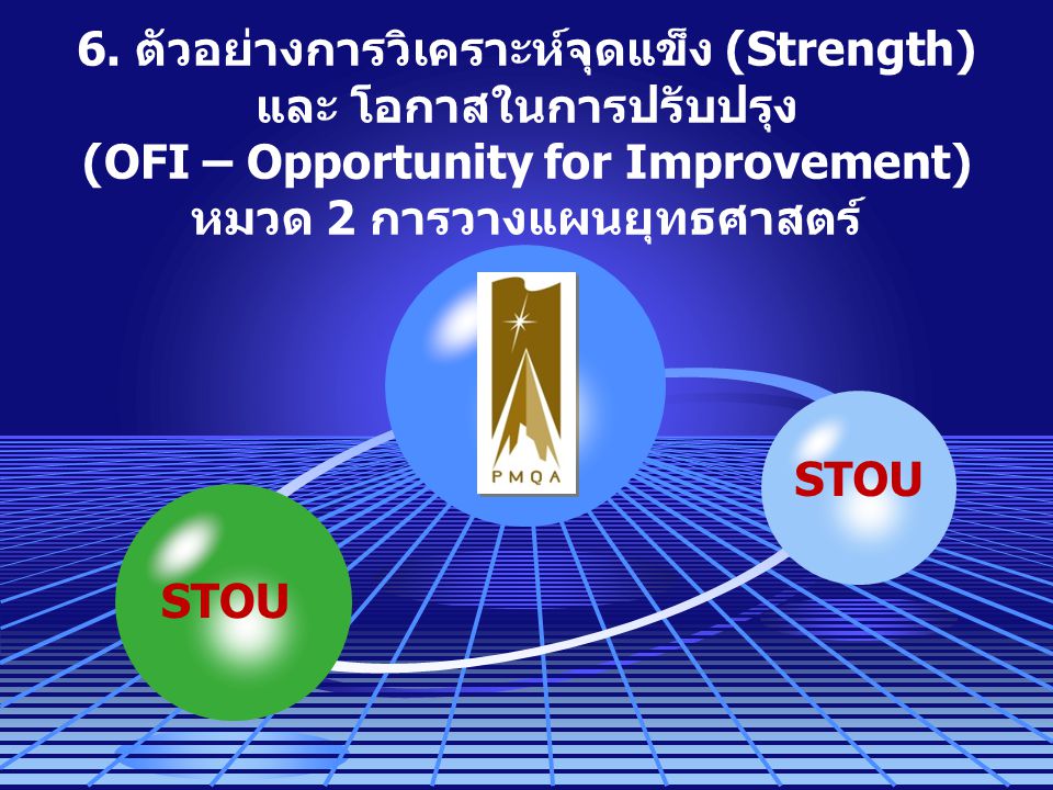 6. ตัวอย่างการวิเคราะห์จุดแข็ง (Strength) และ โอกาสในการปรับปรุง (OFI – Opportunity for Improvement) หมวด 2 การวางแผนยุทธศาสตร์