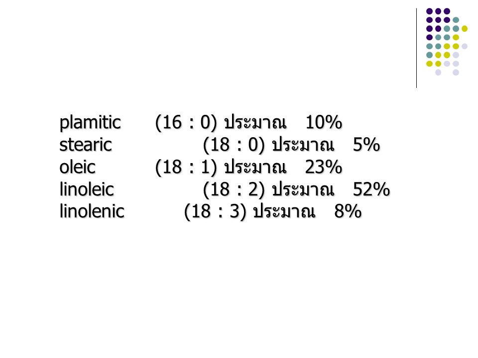 plamitic (16 : 0) ประมาณ 10% stearic (18 : 0) ประมาณ 5% oleic (18 : 1) ประมาณ 23% linoleic (18 : 2) ประมาณ 52%