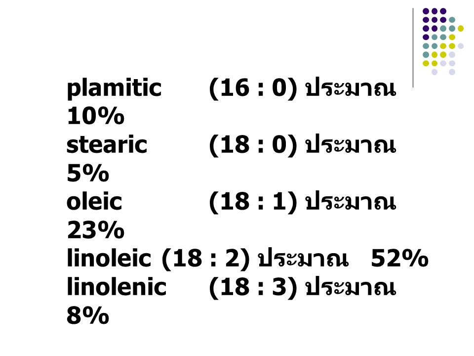 plamitic (16 : 0) ประมาณ 10% stearic (18 : 0) ประมาณ 5% oleic (18 : 1) ประมาณ 23% linoleic (18 : 2) ประมาณ 52%