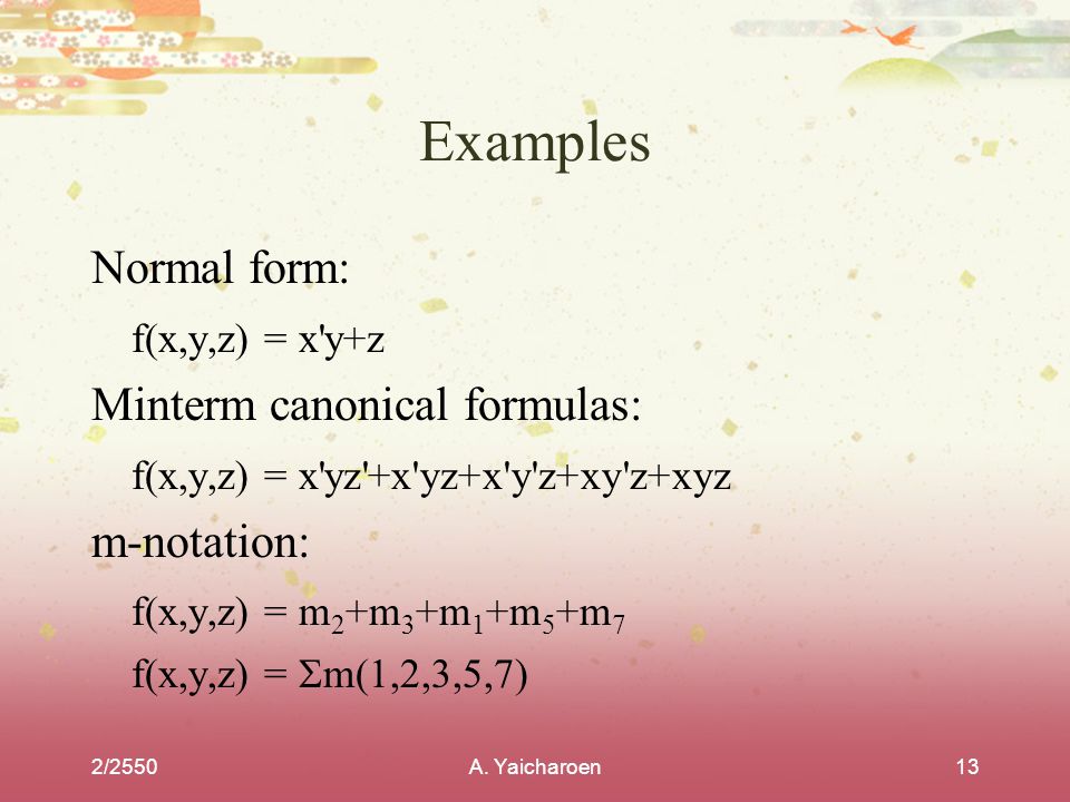 Examples Normal form: f(x,y,z) = x y+z Minterm canonical formulas: