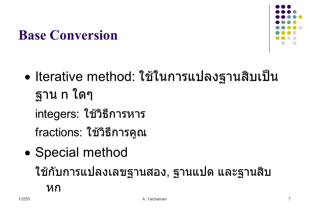 Base Conversion Iterative method: ใช้ในการแปลงฐานสิบเป็นฐาน n ใดๆ