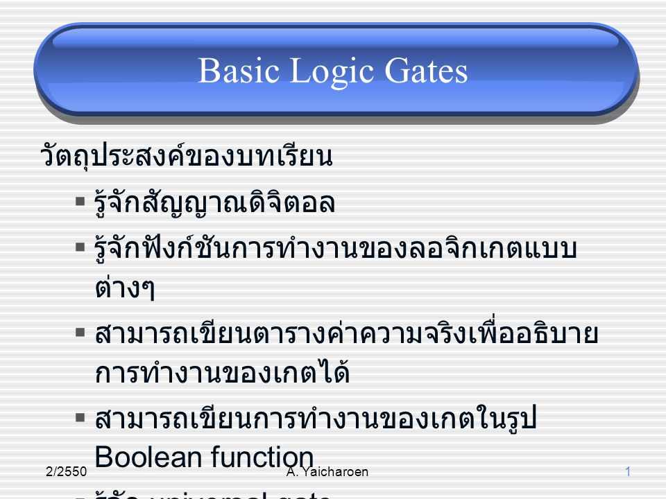 Basic Logic Gates วัตถุประสงค์ของบทเรียน รู้จักสัญญาณดิจิตอล