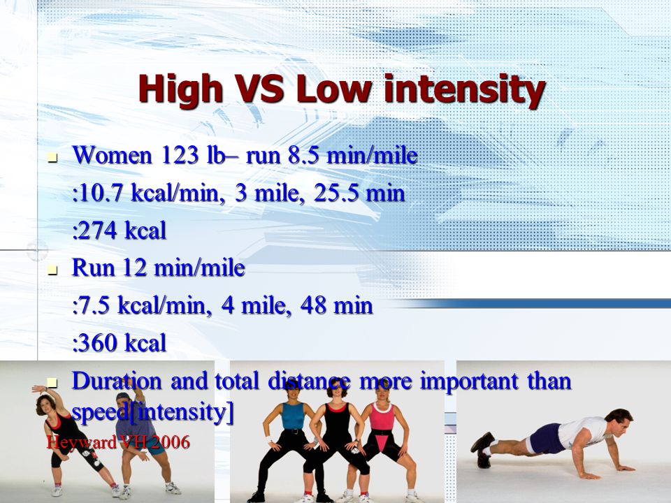 High VS Low intensity Women 123 lb– run 8.5 min/mile