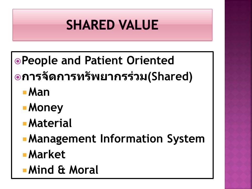 Shared Value People and Patient Oriented การจัดการทรัพยากรร่วม(Shared)