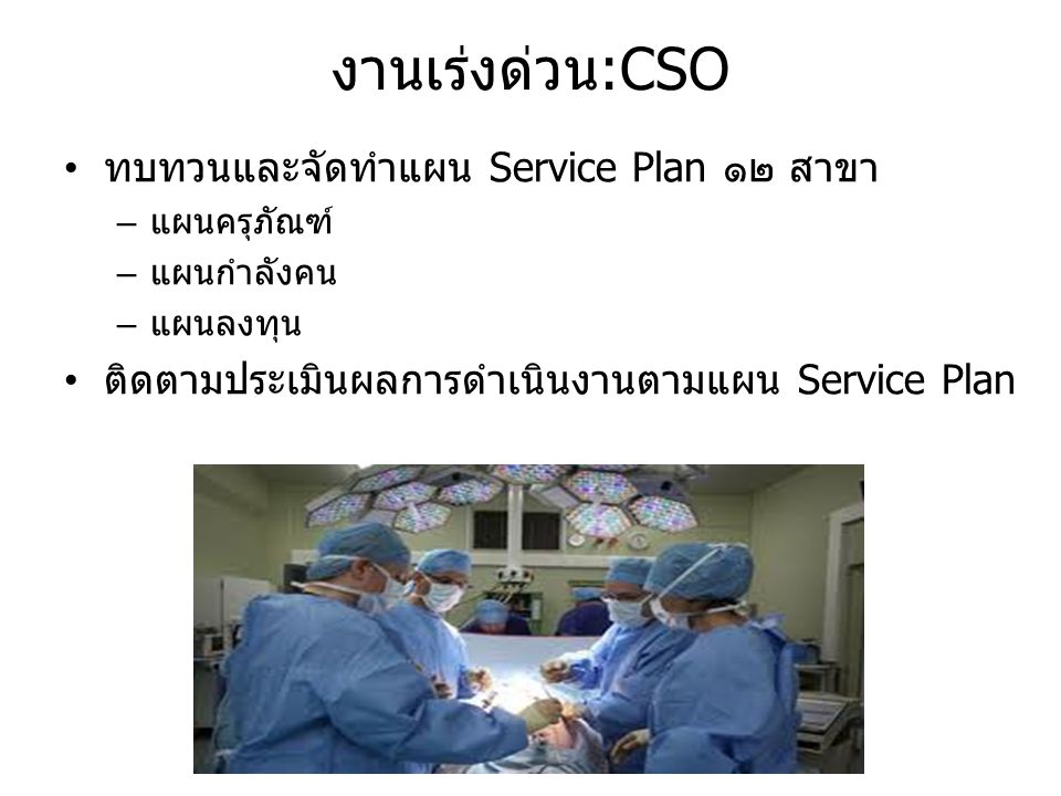 งานเร่งด่วน:CSO ทบทวนและจัดทำแผน Service Plan ๑๒ สาขา