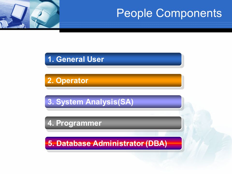 People Components 1. General User 2. Operator 3. System Analysis(SA)