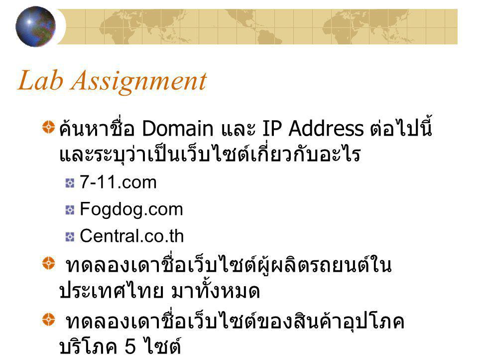 Lab Assignment ค้นหาชื่อ Domain และ IP Address ต่อไปนี้ และระบุว่าเป็นเว็บไซต์เกี่ยวกับอะไร com.