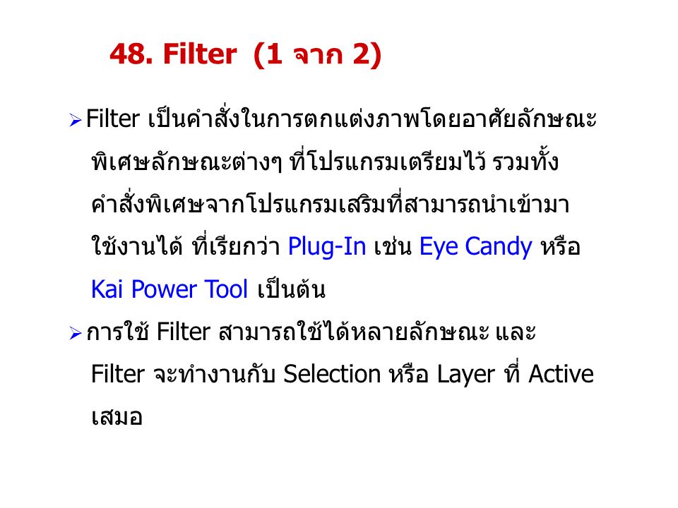 48. Filter (1 จาก 2) Filter เป็นคำสั่งในการตกแต่งภาพโดยอาศัยลักษณะ