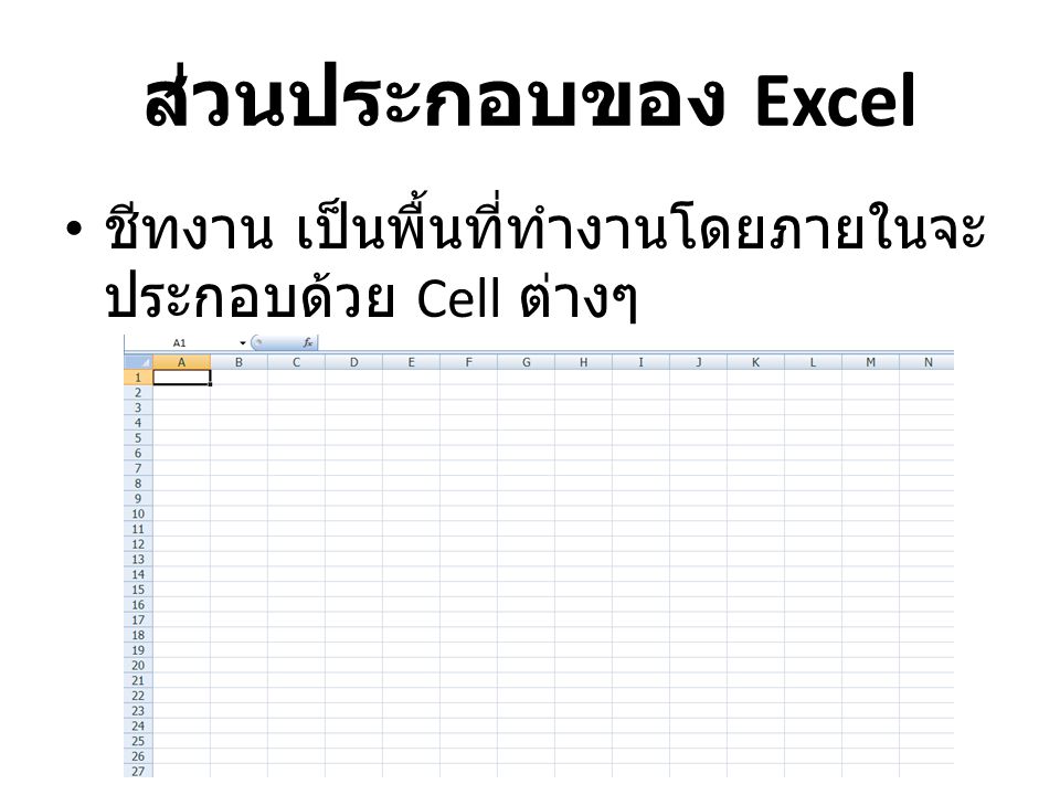 ส่วนประกอบของ Excel ชีทงาน เป็นพื้นที่ทำงานโดยภายในจะประกอบด้วย Cell ต่างๆ