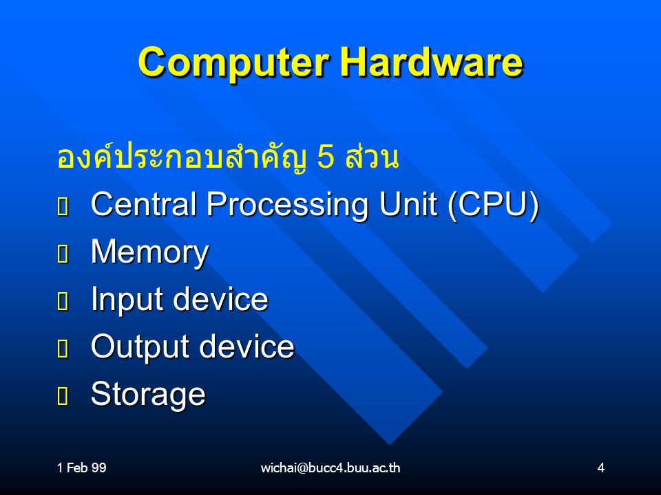 Computer Hardware องค์ประกอบสำคัญ 5 ส่วน Central Processing Unit (CPU)