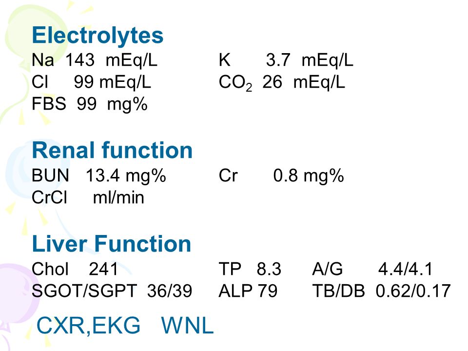 Electrolytes Renal function Liver Function CXR,EKG WNL