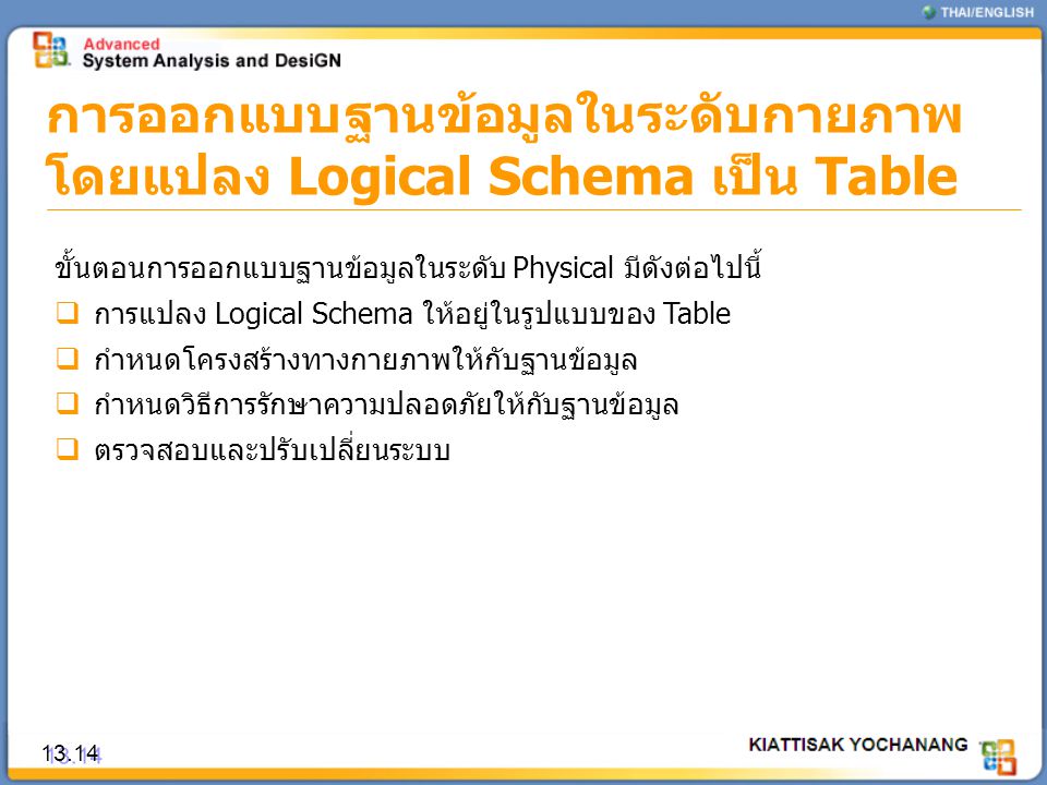 การออกแบบฐานข้อมูลในระดับกายภาพโดยแปลง Logical Schema เป็น Table