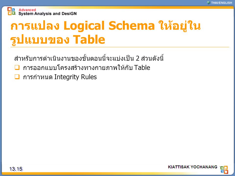 การแปลง Logical Schema ให้อยู่ในรูปแบบของ Table