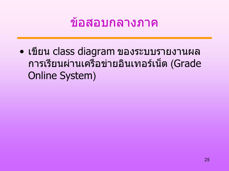 ข้อสอบกลางภาค เขียน class diagram ของระบบรายงานผลการเรียนผ่านเครือข่ายอินเทอร์เน็ต (Grade Online System)
