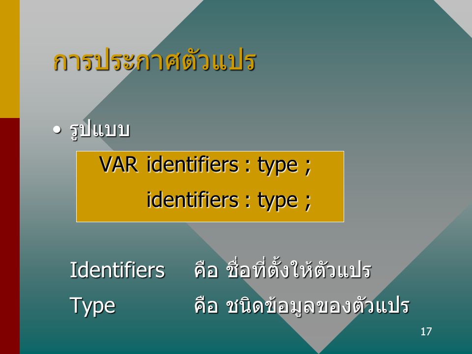 การประกาศตัวแปร รูปแบบ VAR identifiers : type ; identifiers : type ;
