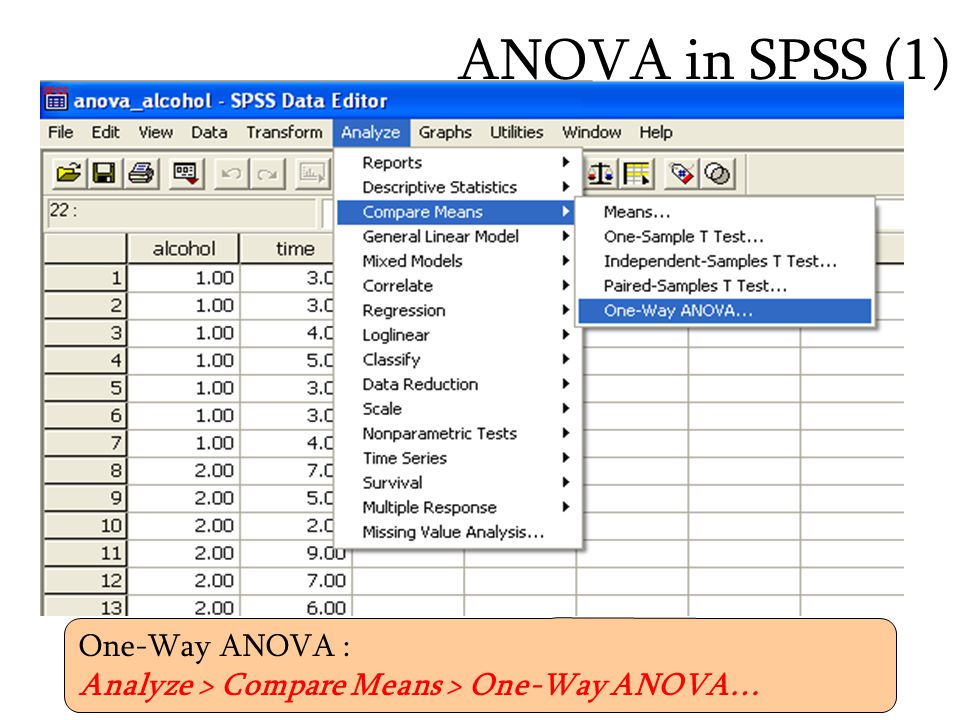 ANOVA in SPSS (1) One-Way ANOVA :