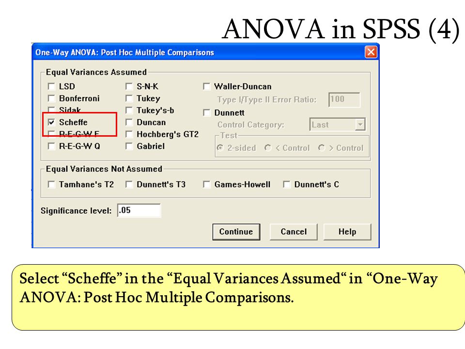 ANOVA in SPSS (4) Select Scheffe in the Equal Variances Assumed in One-Way ANOVA: Post Hoc Multiple Comparisons.