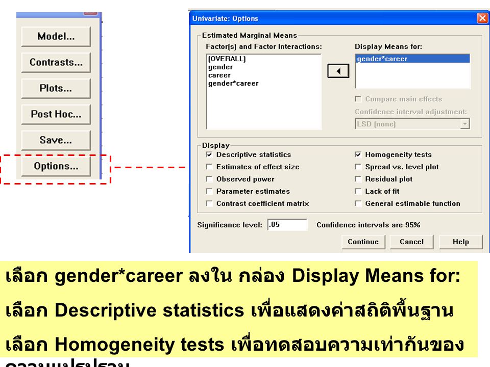 เลือก gender*career ลงใน กล่อง Display Means for: