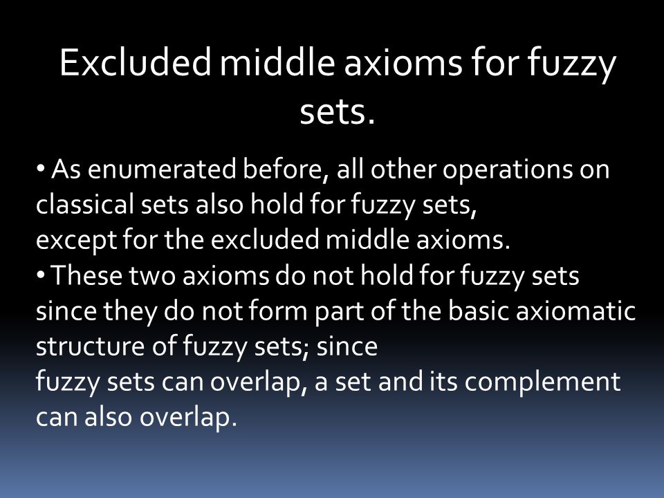 Excluded middle axioms for fuzzy sets.