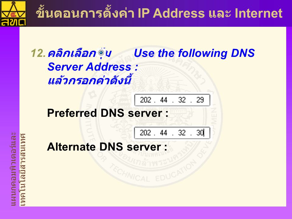 คลิกเลือกปุ่ม Use the following DNS Server Address : แล้วกรอกค่าดังนี้