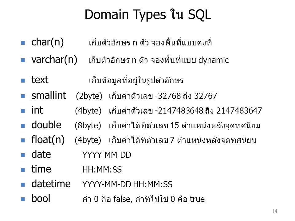 Domain Types ใน SQL char(n) เก็บตัวอักษร n ตัว จองพื้นที่แบบคงที่
