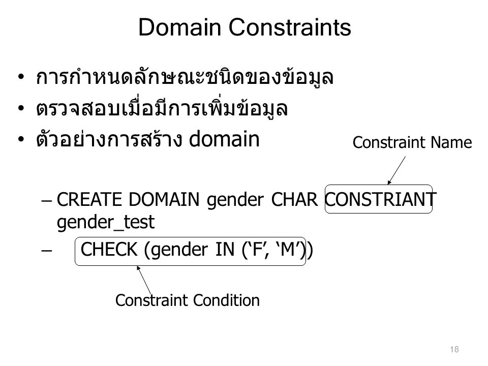 Domain Constraints การกำหนดลักษณะชนิดของข้อมูล