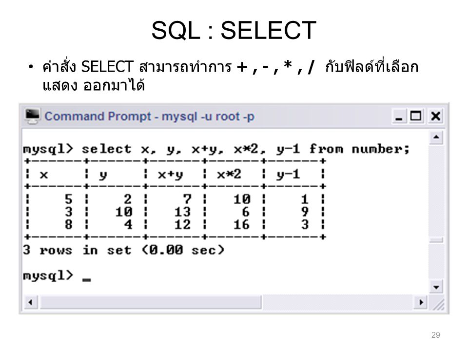 SQL : SELECT คำสั่ง SELECT สามารถทำการ + , - , * , / กับฟิลด์ที่เลือกแสดง ออกมาได้