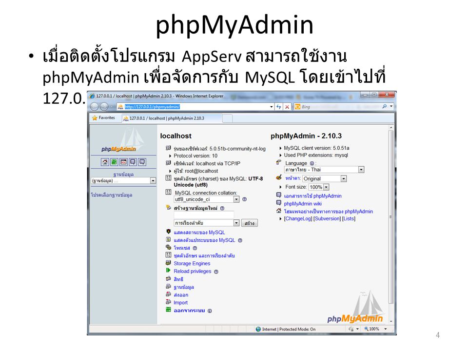 phpMyAdmin เมื่อติดตั้งโปรแกรม AppServ สามารถใช้งาน phpMyAdmin เพื่อจัดการกับ MySQL โดยเข้าไปที่ /phpmyadmin.