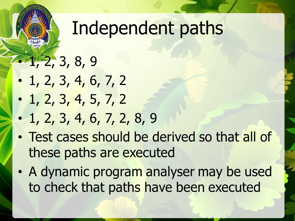 Independent paths 1, 2, 3, 8, 9. 1, 2, 3, 4, 6, 7, 2. 1, 2, 3, 4, 5, 7, 2. 1, 2, 3, 4, 6, 7, 2, 8, 9.