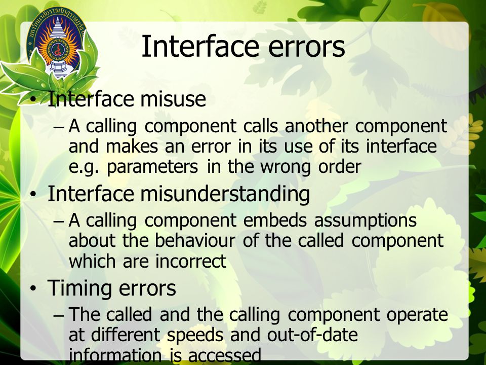 Interface errors Interface misuse Interface misunderstanding