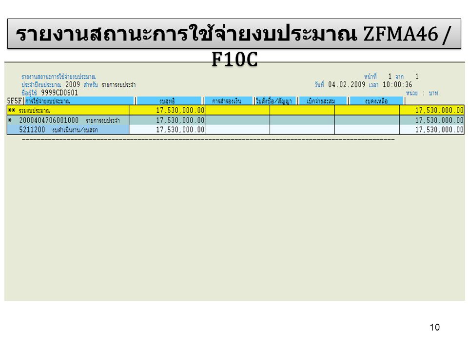 รายงานสถานะการใช้จ่ายงบประมาณ ZFMA46 / F10C