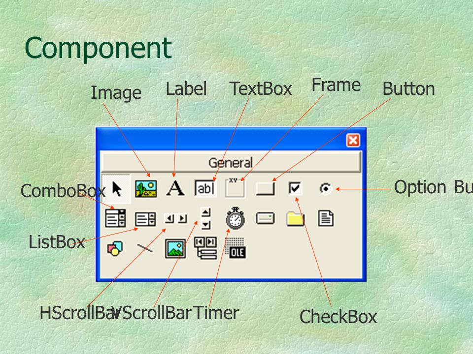 Component Frame Label TextBox Button Image Option Button ComboBox