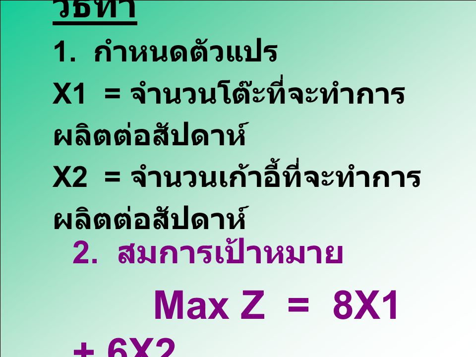 2. สมการเป้าหมาย Max Z = 8X1 + 6X2