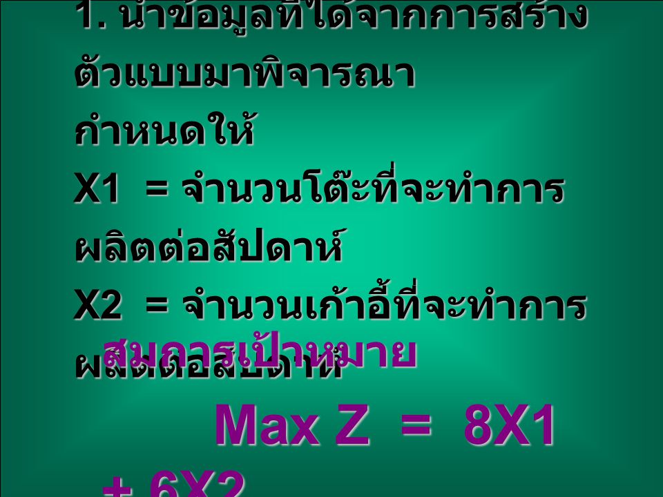 สมการเป้าหมาย Max Z = 8X1 + 6X2