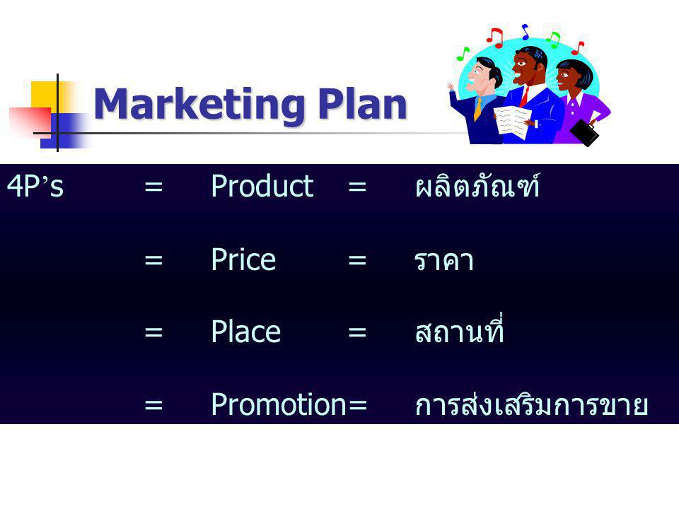 Marketing Plan 4P’s = Product = ผลิตภัณฑ์ = Price = ราคา