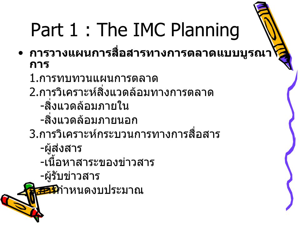 Part 1 : The IMC Planning การวางแผนการสื่อสารทางการตลาดแบบบูรณาการ