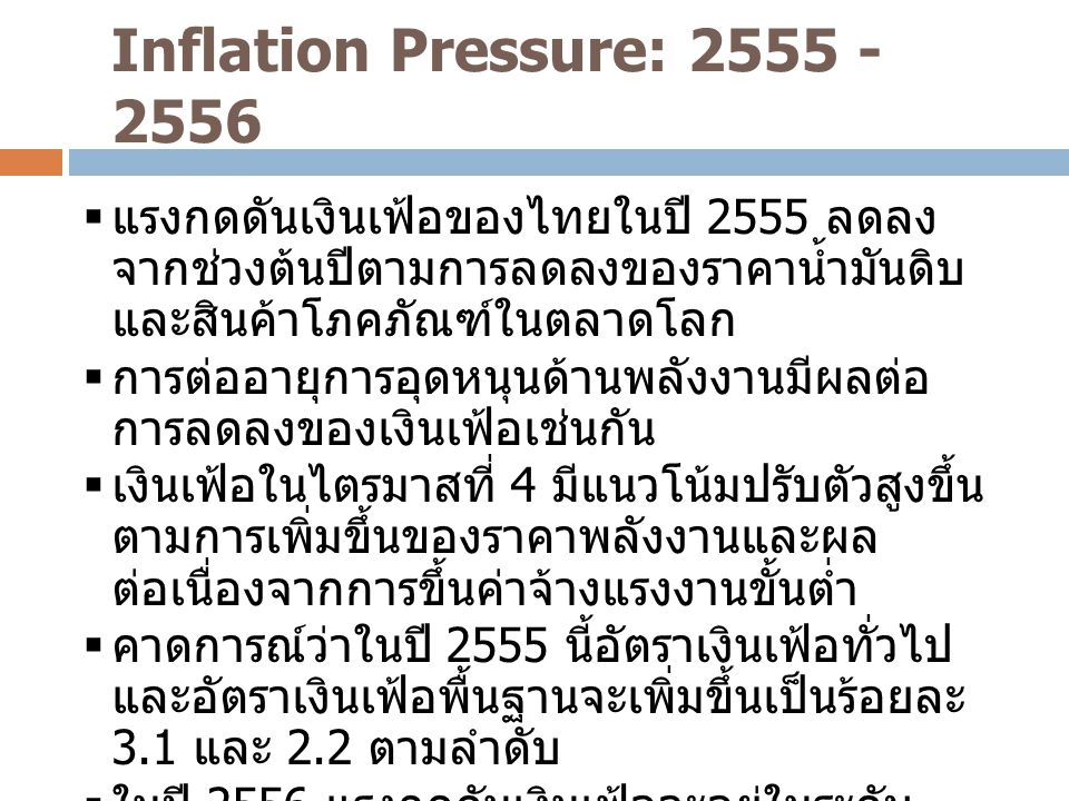 Inflation Pressure: แรงกดดันเงินเฟ้อของไทยในปี 2555 ลดลงจากช่วงต้นปีตามการลดลง ของราคาน้ำมันดิบและสินค้าโภคภัณฑ์ในตลาดโลก.